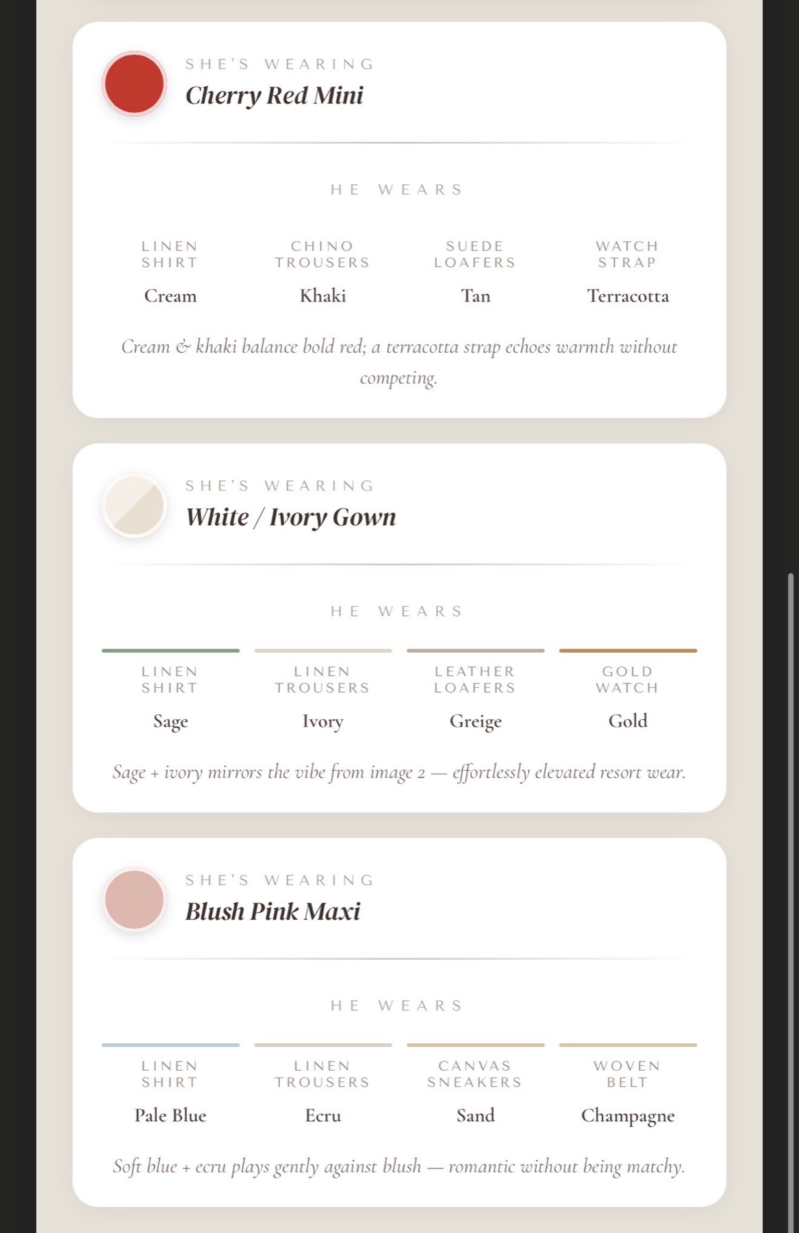 Custom coordinated outfit color pairings prepared for a styling client