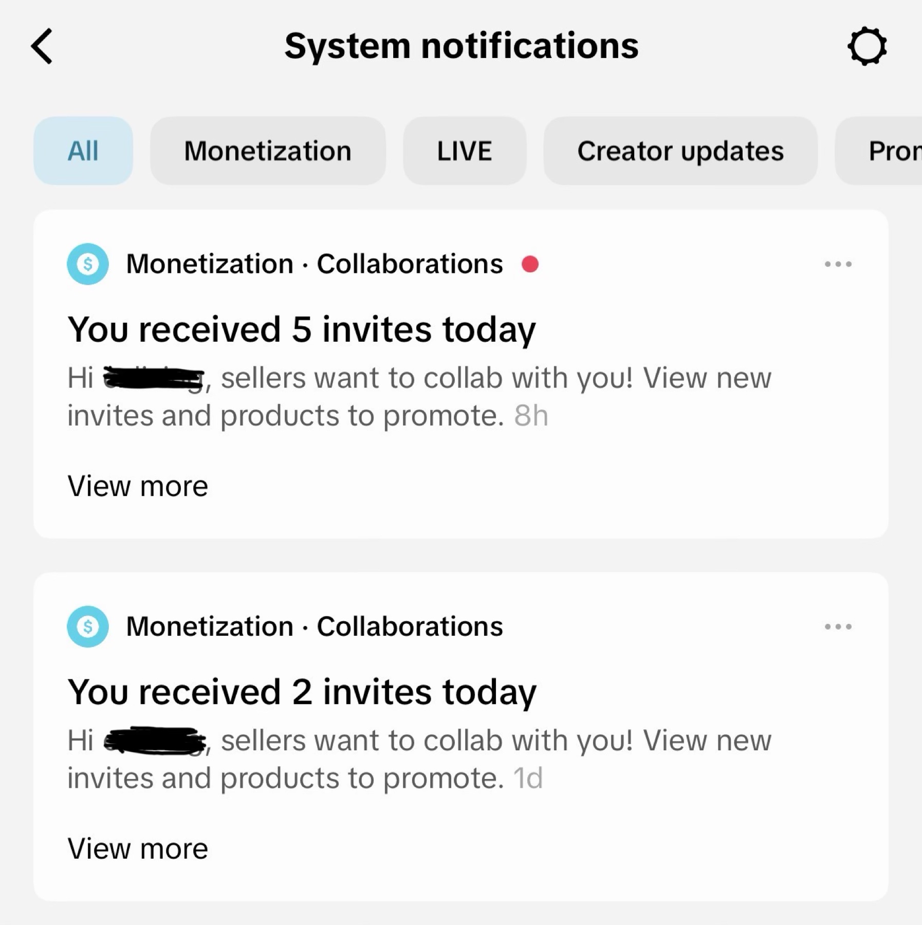 Creator platform notifications showing multiple daily collaboration invitations